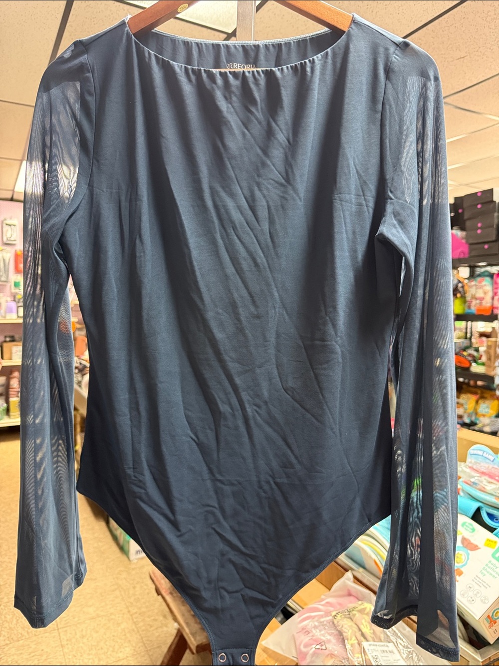 ReoRia Navy Blue Sheer-Sleeve Long Sleeve Bodysuit